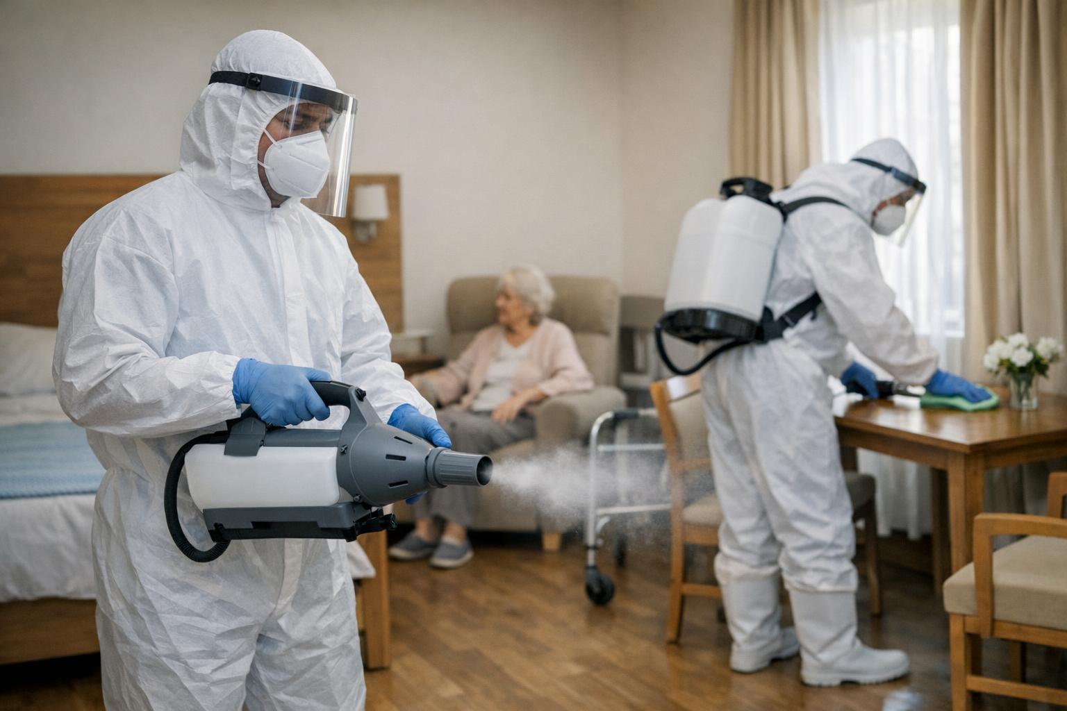 zdjęcie personelu dezynfekującego pomieszczenie w domu opieki